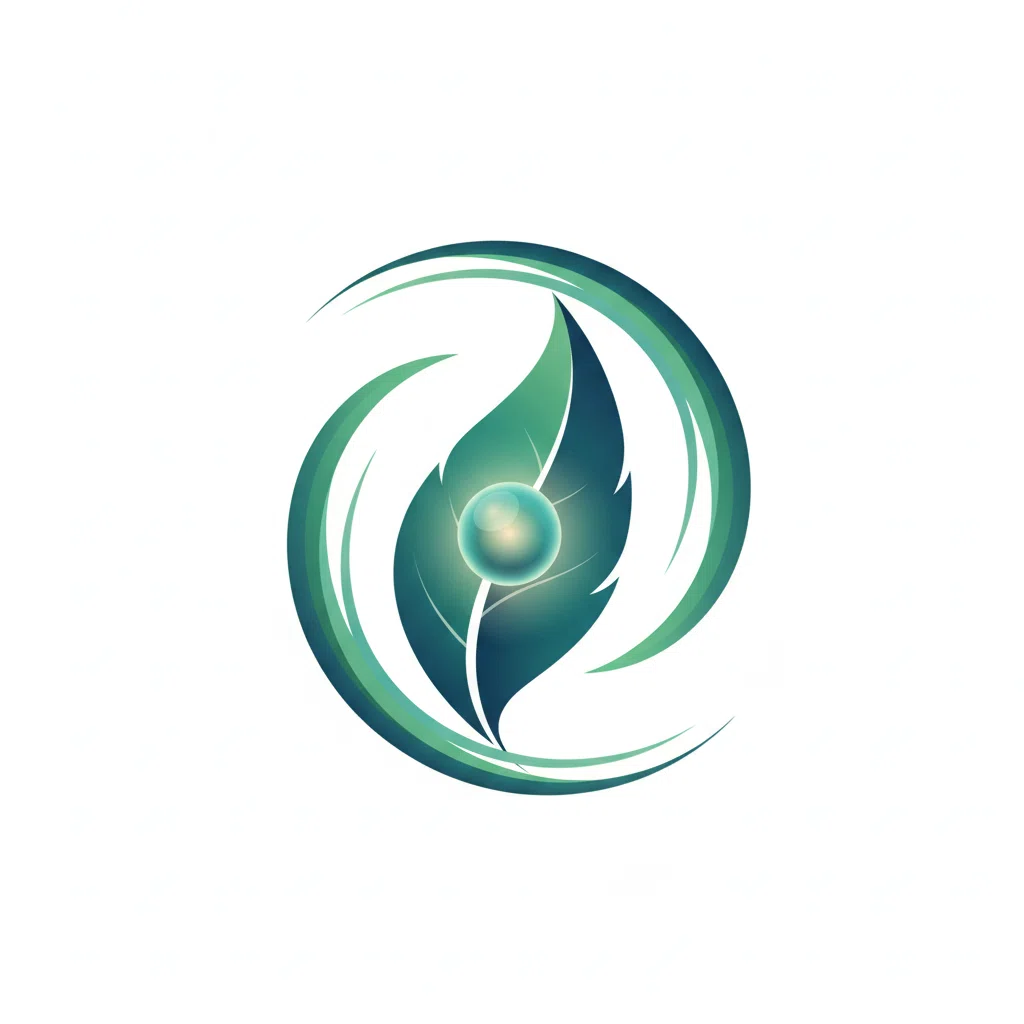 Abstract wellness illustration with botanical leaf and glowing cell in emerald tones