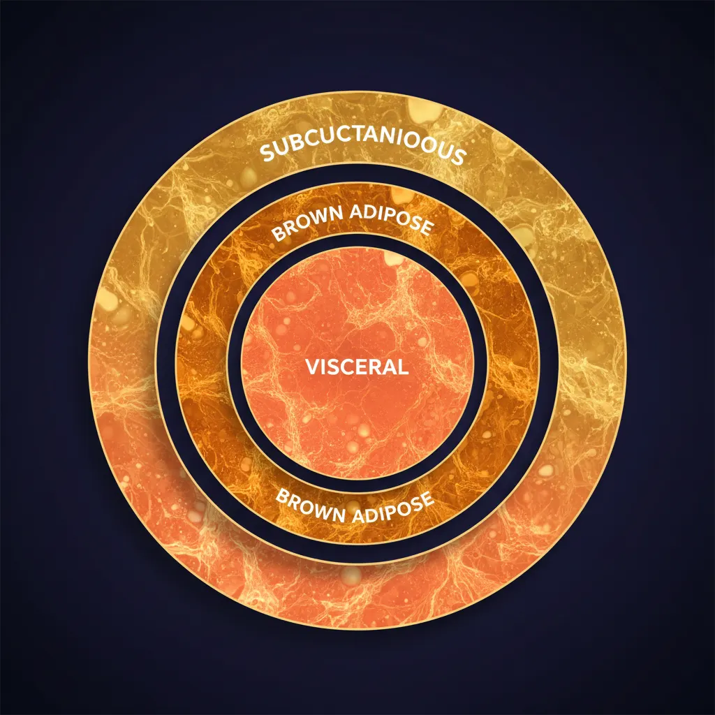 Abstract diagram showing three types of adipose tissue: subcutaneous, brown adipose, and visceral, in a minimal infographic style