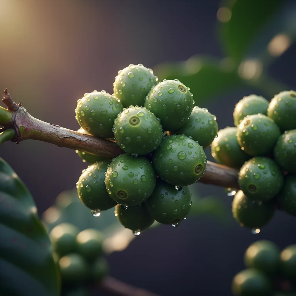 Ripe green coffee cherries on the branch with dew drops