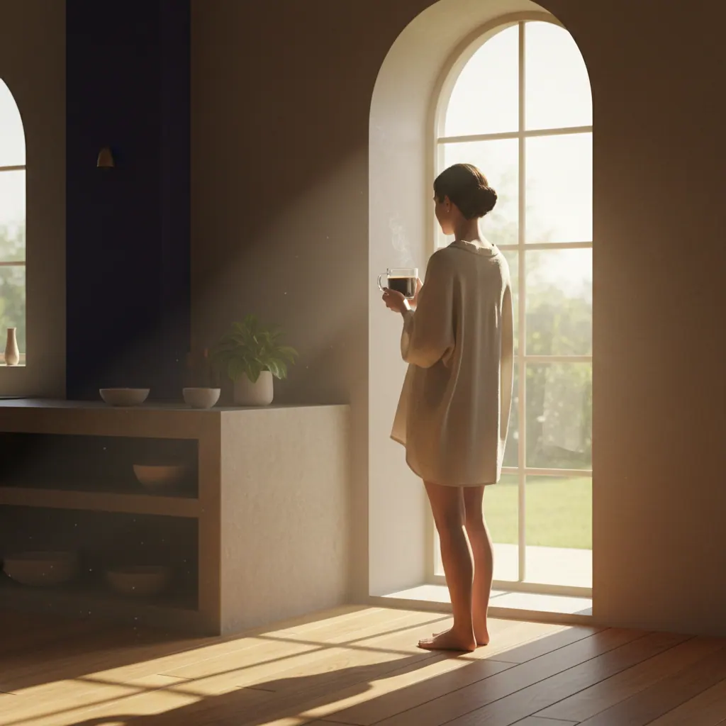 Anonymous person from behind holding a glass mug of coffee in morning kitchen light